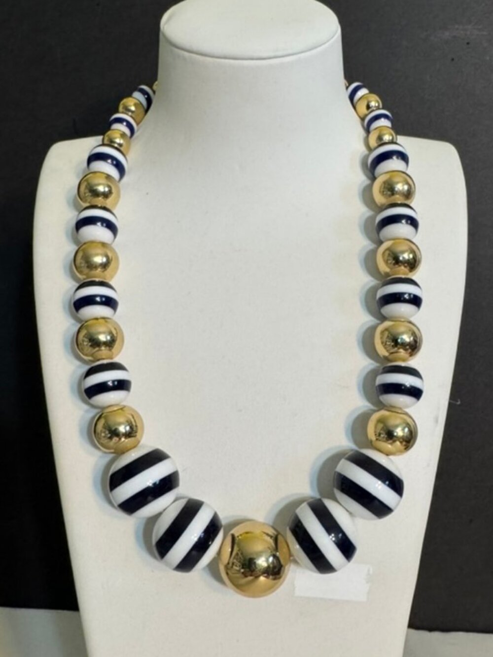 NWT Talbots Statement Necklace Navy White Gold Stripe Graduated Beads Adj Length